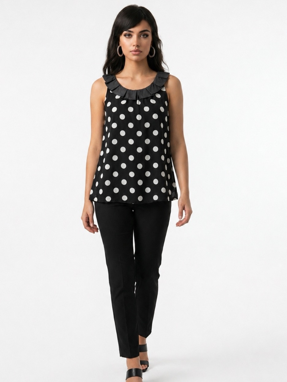 Forever 21 XXI Black White Polka Dot Ruffle Neck Sleeveless Blouse Top Medium